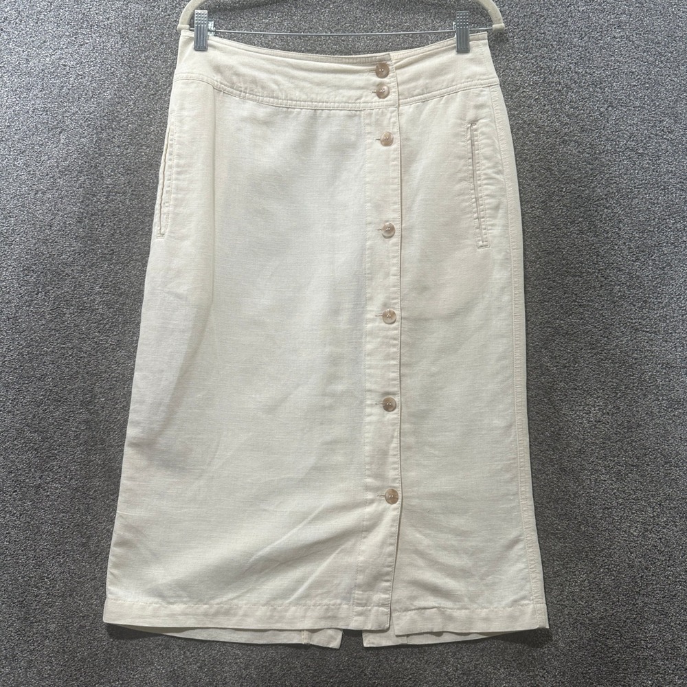 Lizwear Midi Skirt Medium Cream Button Up‎ Linen Blend Side Pockets Neutral